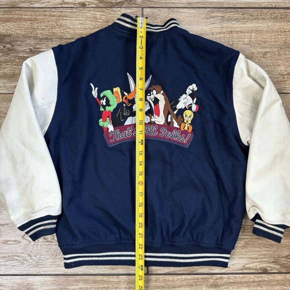 90s Warner Bros Studio Store Kids Wool Leather Varsity Jacket Blue Size XL - Picture 8 of 11